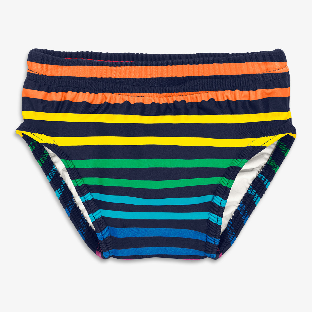 Clearance swim diaper in double rainbow stripe in navy-bright-rainbow-stripe