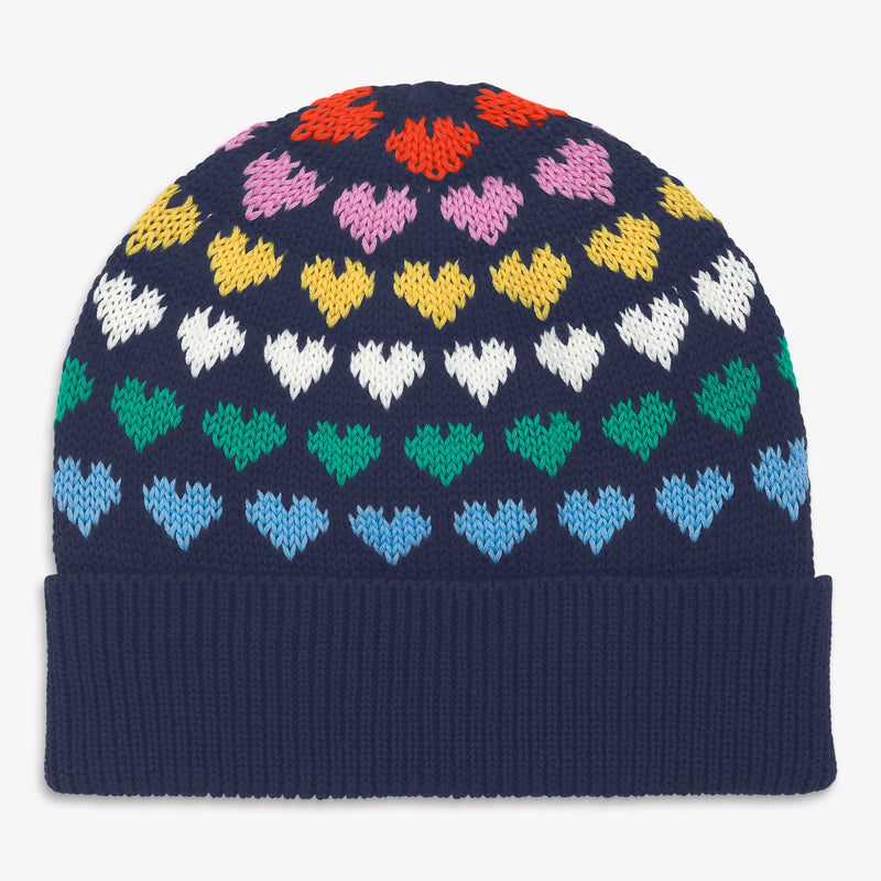 Kids knit beanie in rainbow hearts in navy-multi-hearts