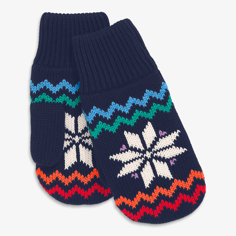 Kids knit mittens in rainbow snowflake fair isle in navy-rainbow-snowflake-fair-isle