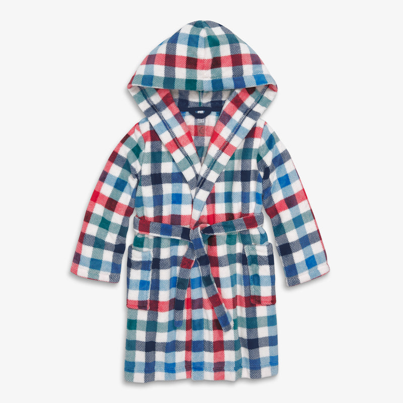 Kids plush fleece robe in peppermint plaid in ivory-peppermint-plaid