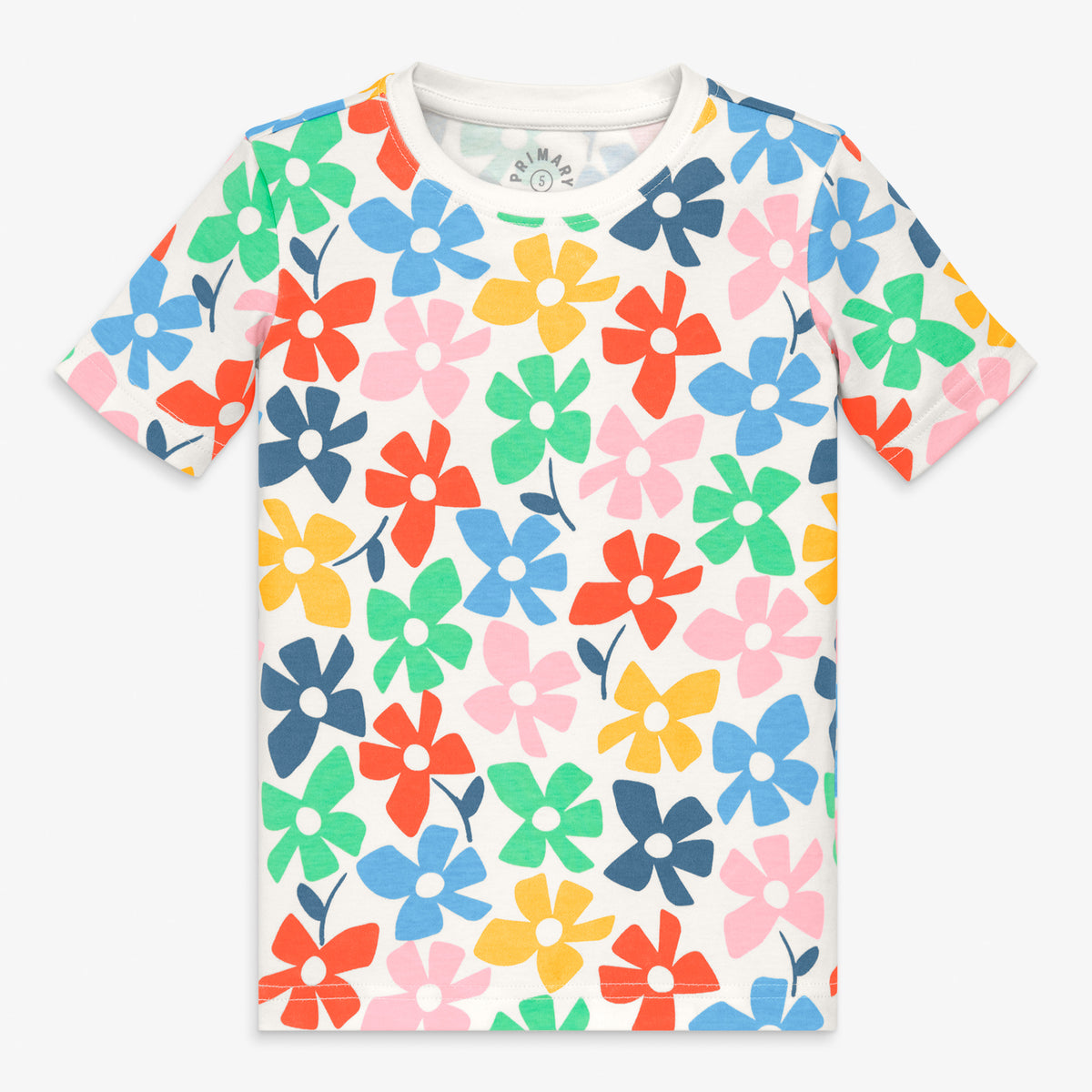 Clearance kids organic short sleeve PJ top in rainbow blooms in ivory-rainbow-spring-blooms