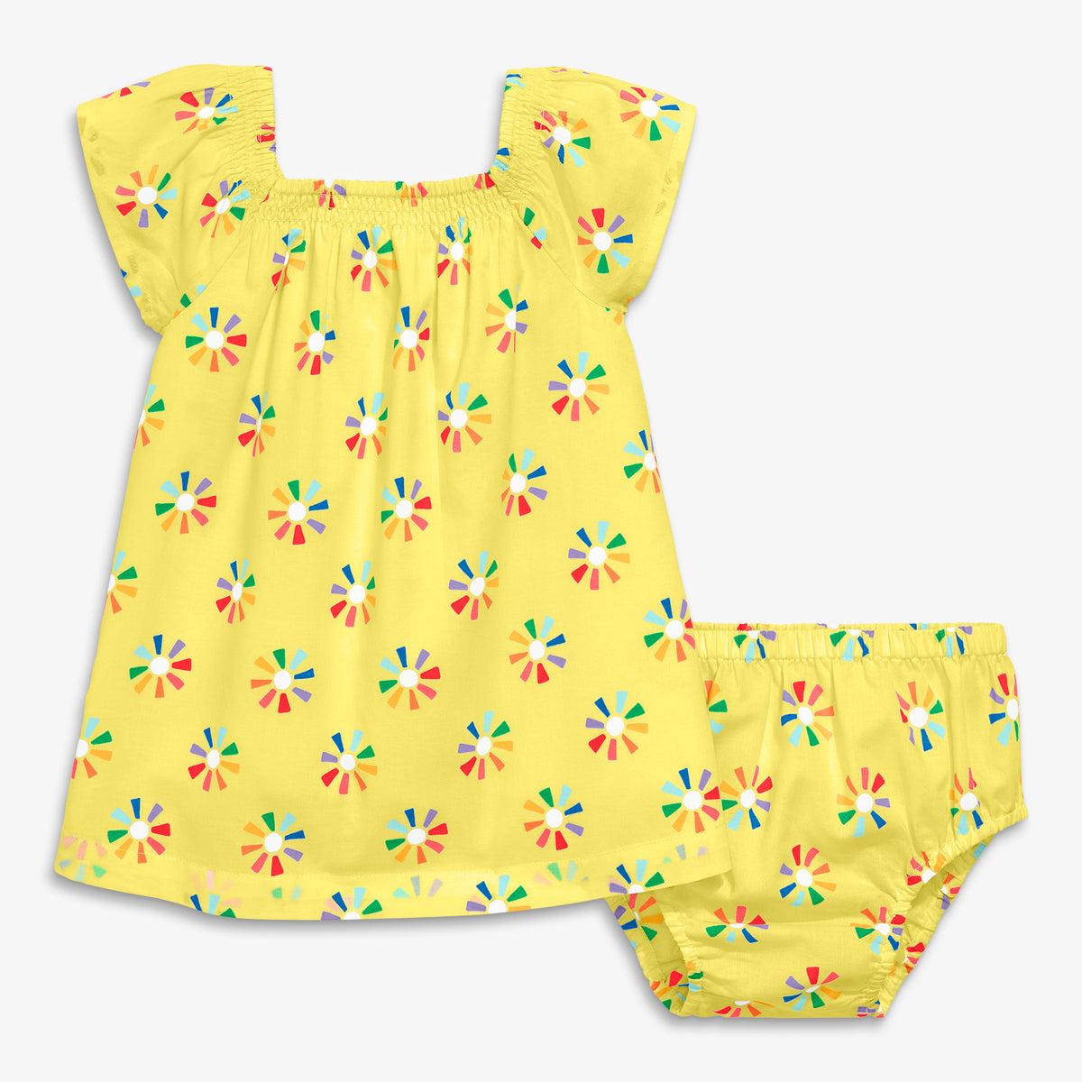 Clearance baby picnic dress & bloomer set in rainbow cutout suns in banana-rainbow-sun-block