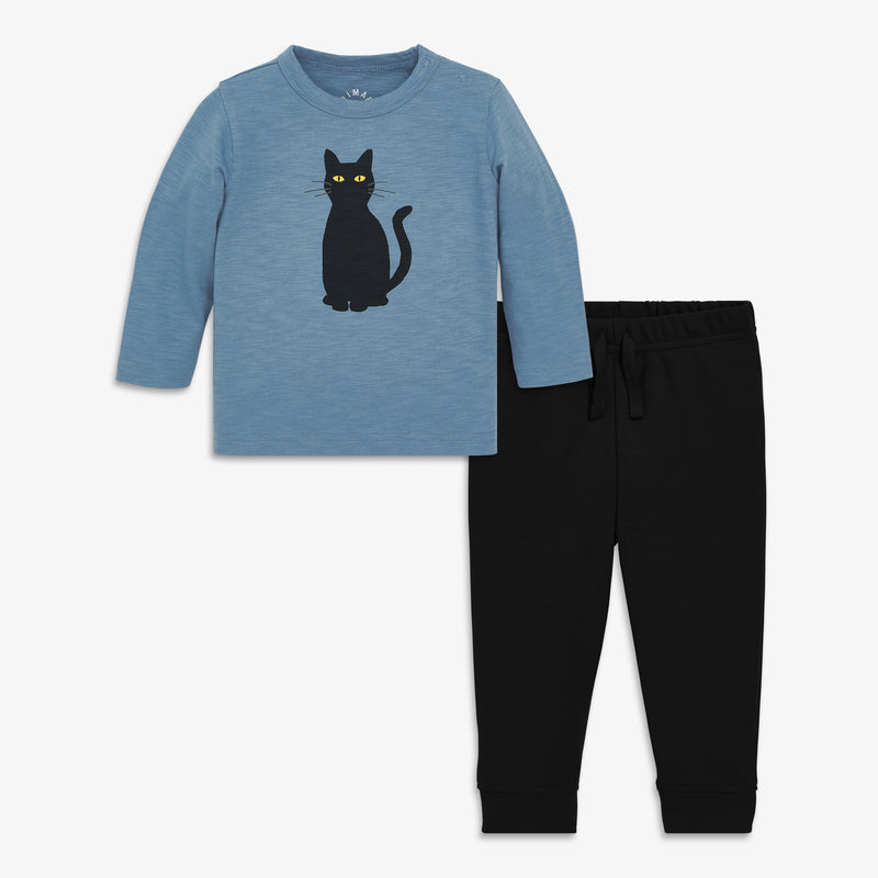 Baby black cat tee and organic baby pant set