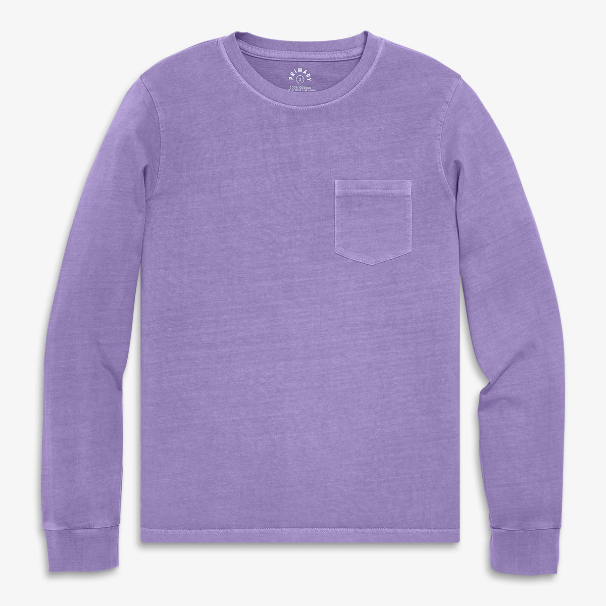 Unisex fit long sleeve garment-dyed pocket tee in garment-dye-iris