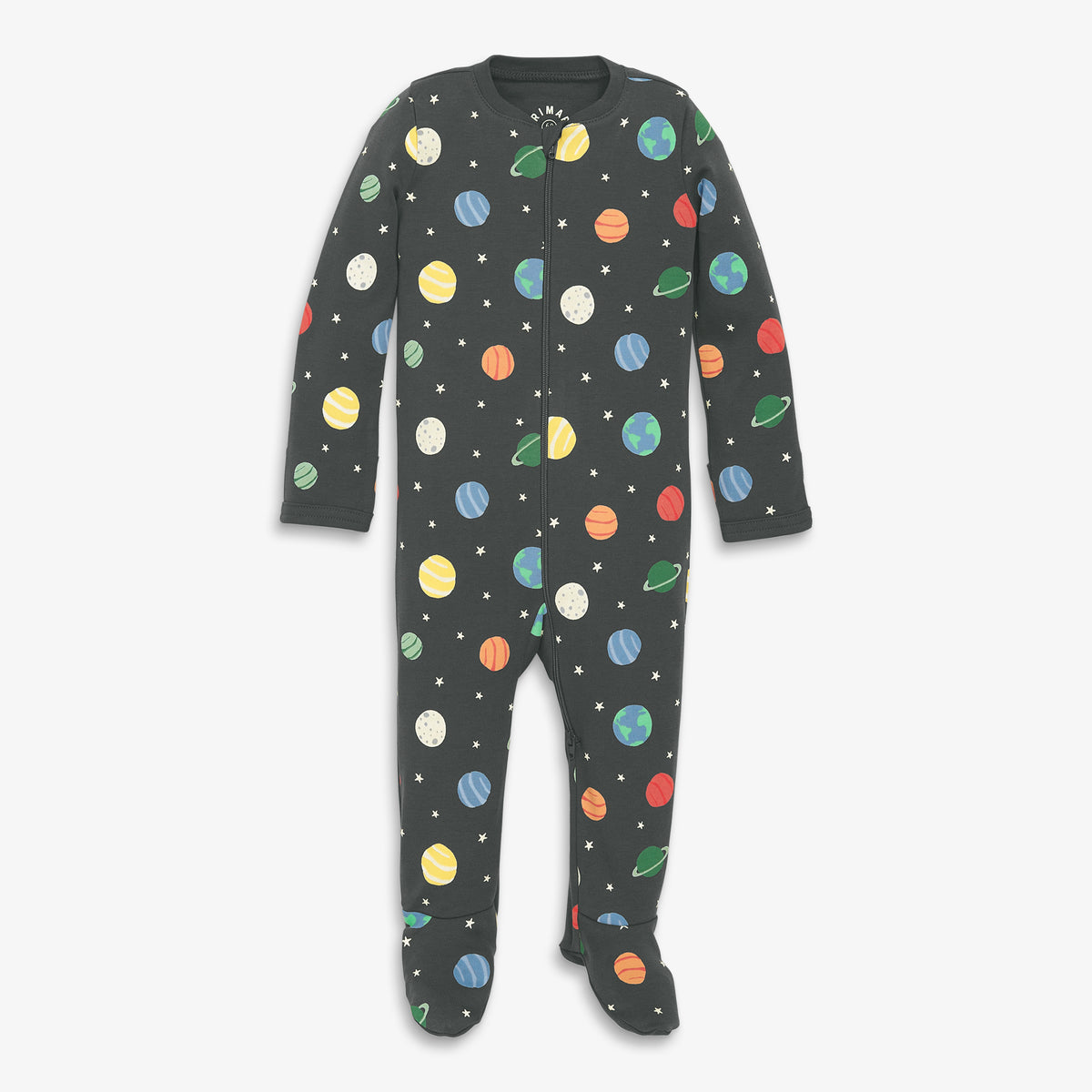 Baby organic zip footie in rainbow galaxy in asphalt-galaxy