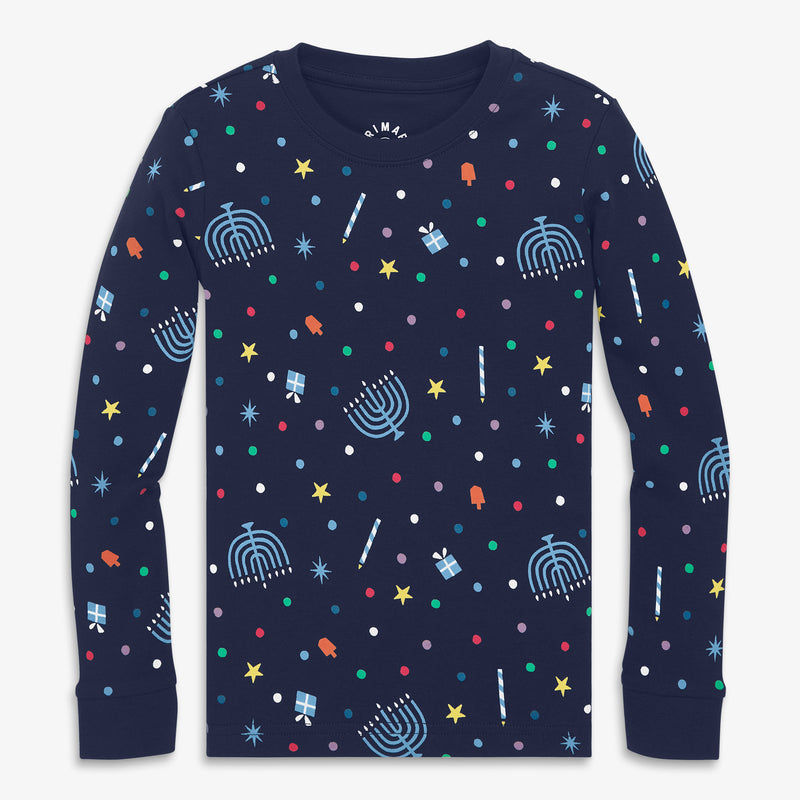 Kids organic PJ top in rainbow of lights in navy-rainbow-confetti-menorahs