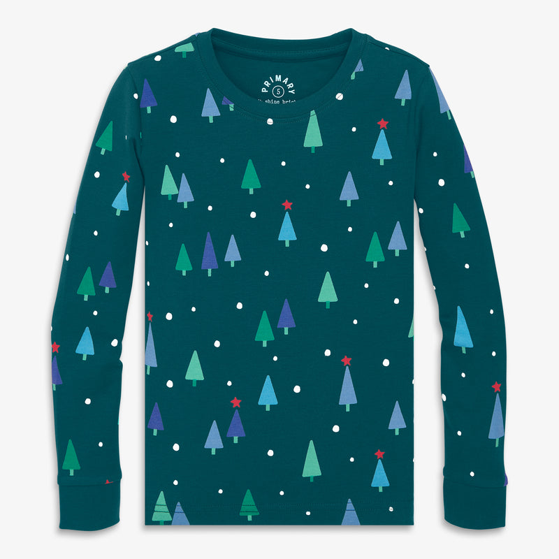 Kids organic PJ top in wintry woods in forest-multi-trees