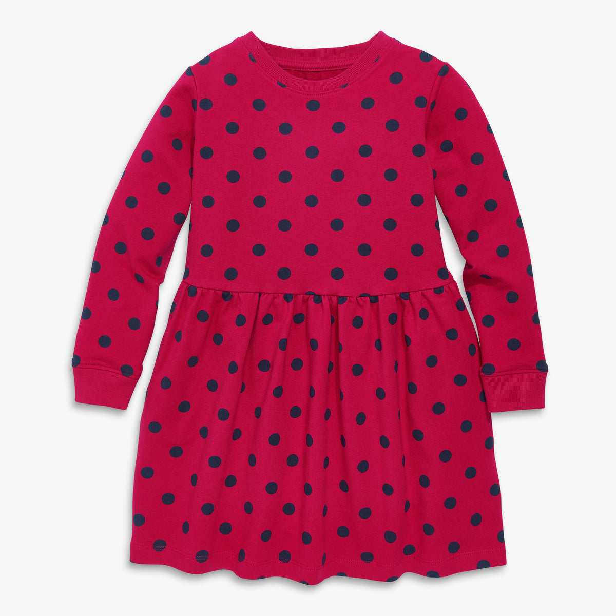 Clearance kids cozy pocket dress in dot in pomegranate-navy-dot