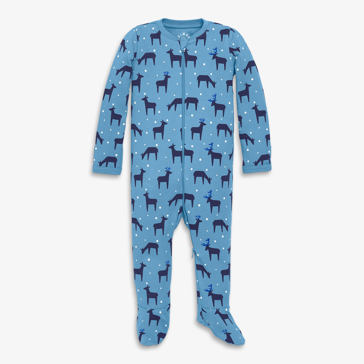 Clearance baby organic zip footie in snowy reindeer in cornflower-reindeer