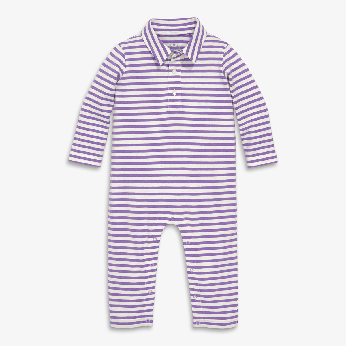Baby polo romper in mini stripe in ivory-violet-stripe