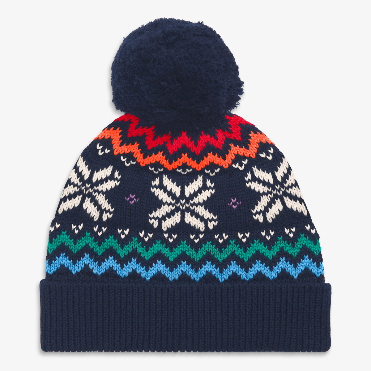 Kids knit beanie in rainbow snowflake fair isle in navy-rainbow-snowflake-fair-isle
