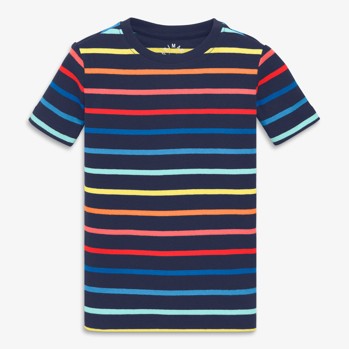 Clearance kids organic short sleeve pj top in sunrise rainbow stripe in navy-rainbow-sunrise-stripe