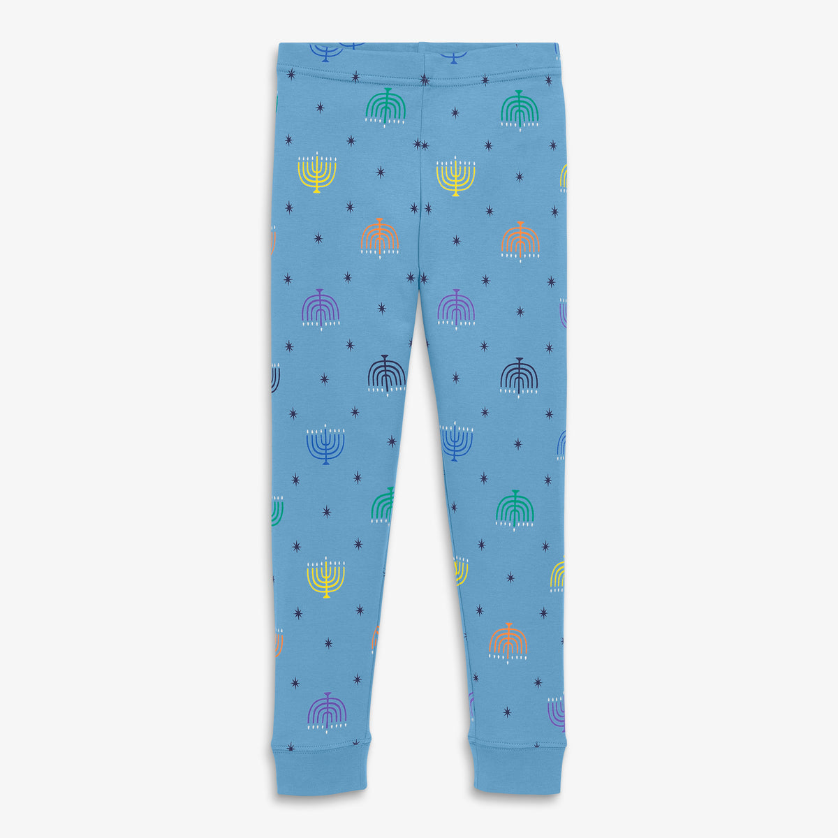 Clearance kids organic PJ pant in rainbow menorahs in cornflower-menorah-lights