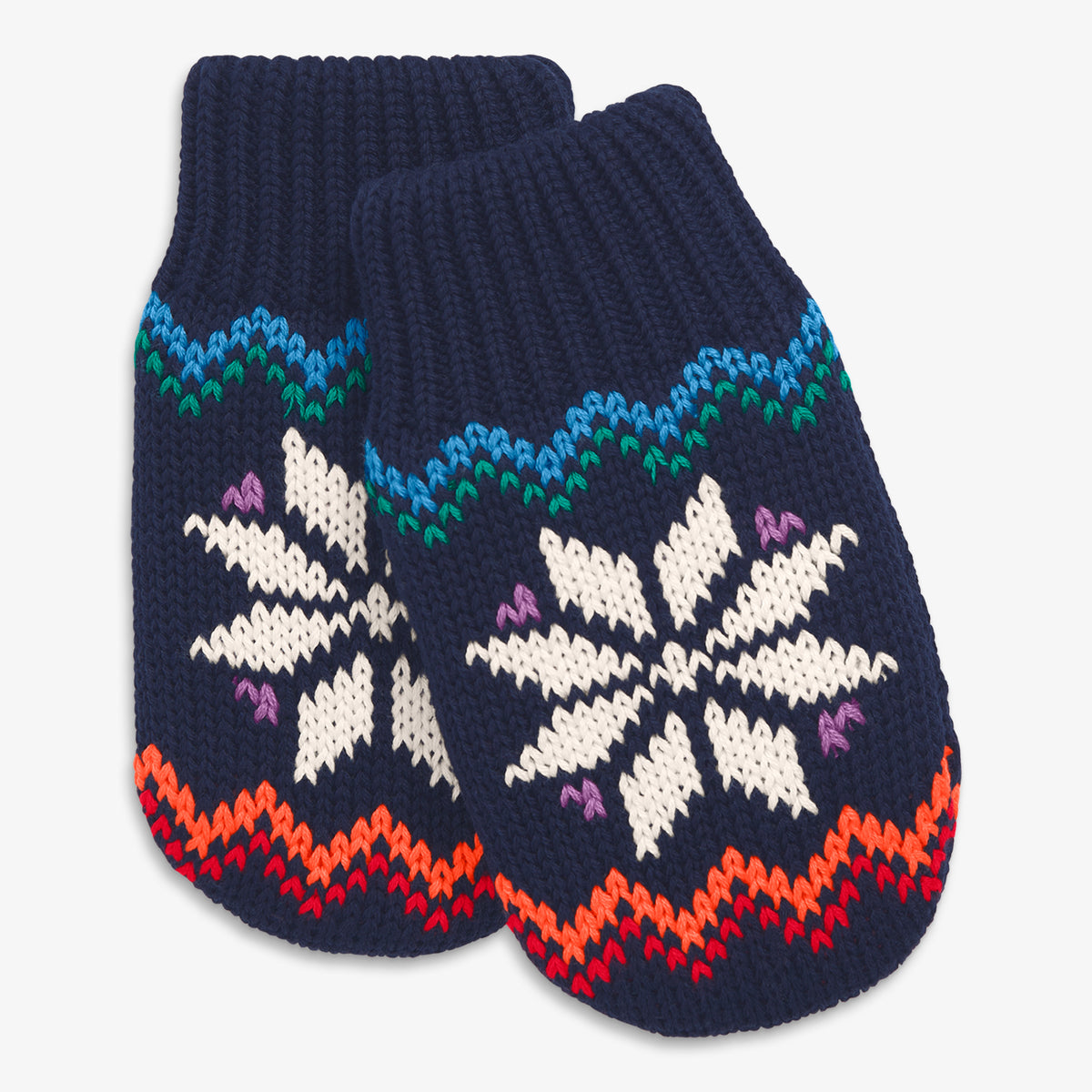 Baby knit mittens in rainbow snowflake fair isle in navy-rainbow-snowflake-fair-isle