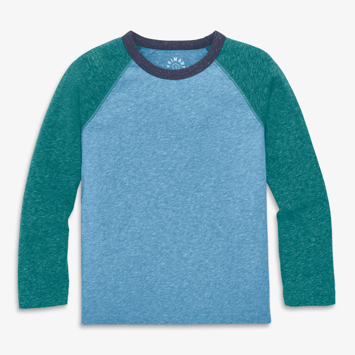 Kids heathered long sleeve baseball tee in cornflower-spruce