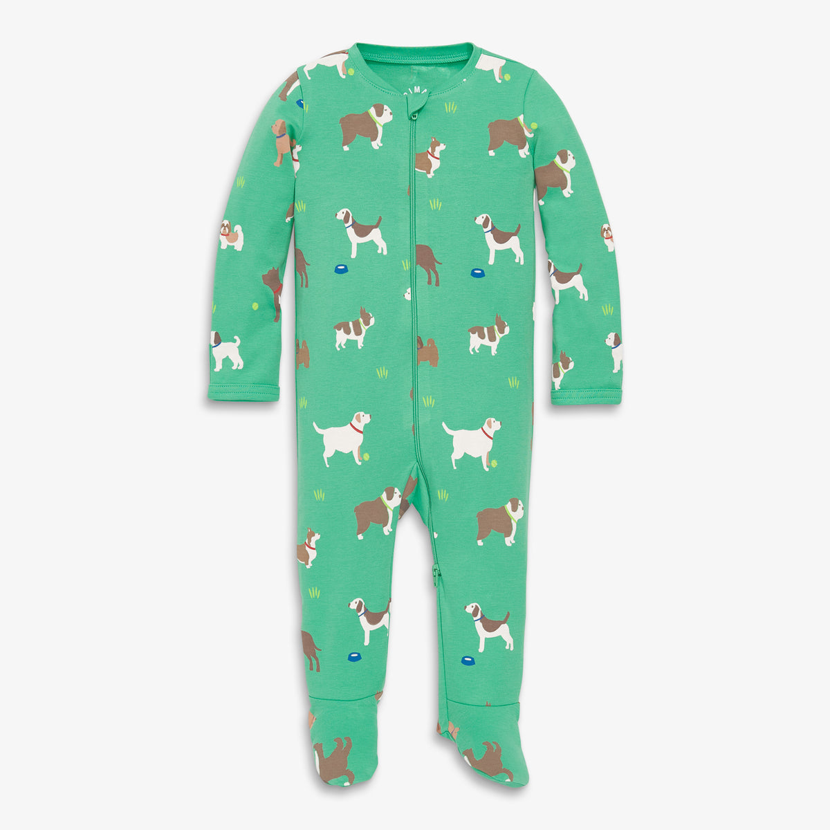 Baby organic zip footie in dog park in jade-dog-park