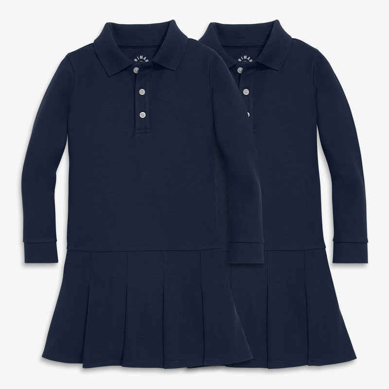 Kids long sleeve pique polo dress 2-pack in dark-navy