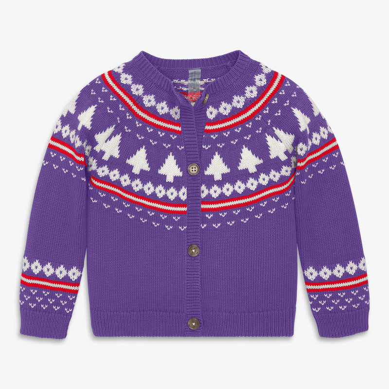 Kids cardigan in fair isle trees in jelly-fair-isle