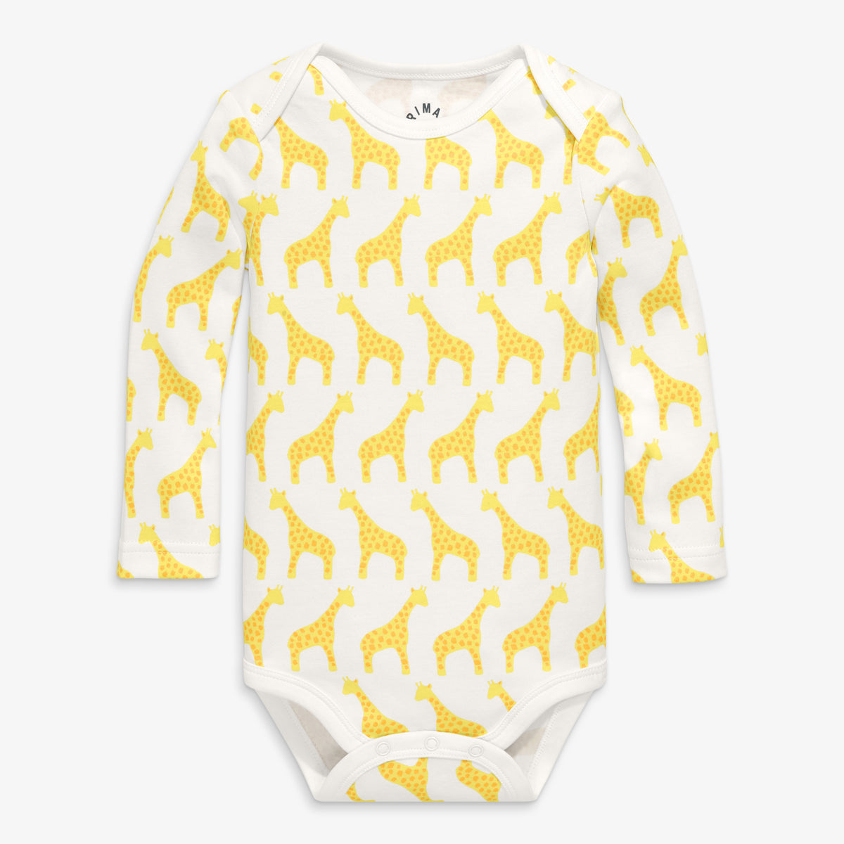 Organic long sleeve babysuit in animal friends in banana-baby-giraffes