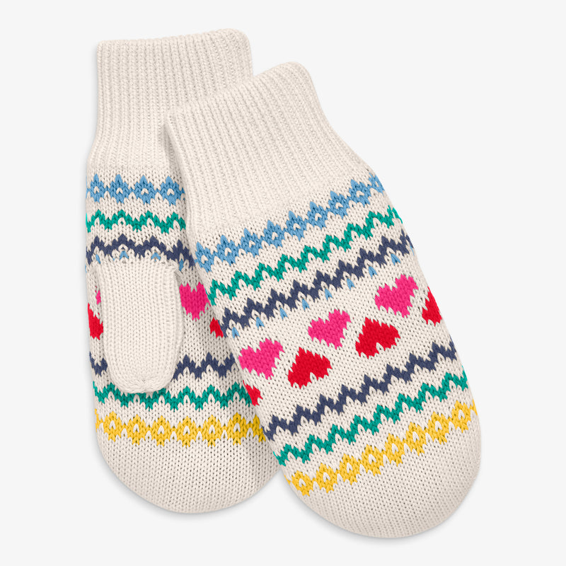Kids knit mittens in heart fair isle
