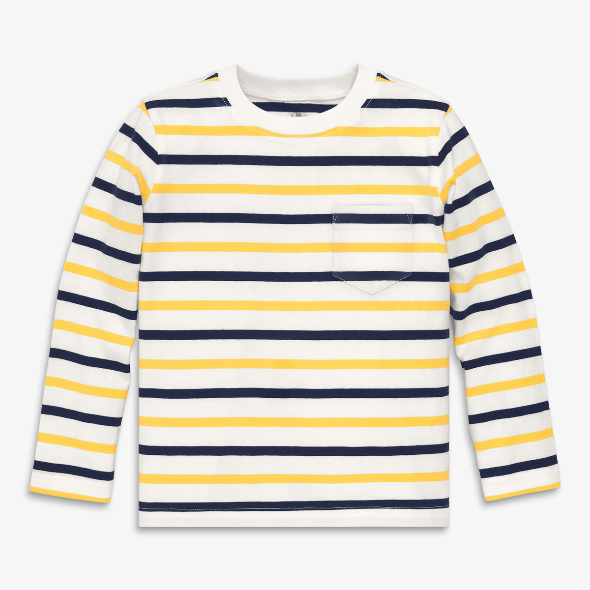 Kids long sleeve pocket tee in multi-stripe in ivory-sunflower-navy-stripe