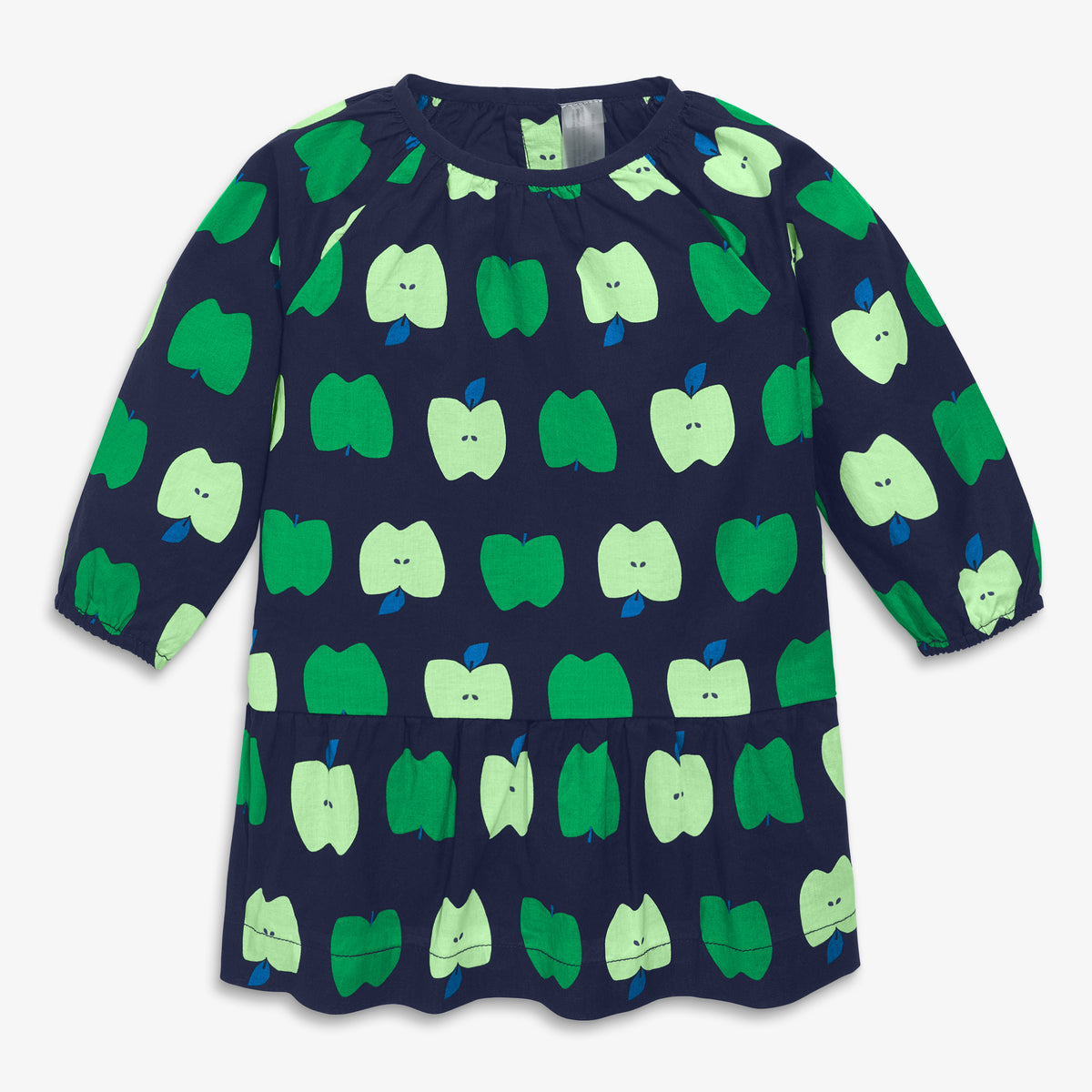 Clearance baby popover dress in apple orchard in navy-green-apples