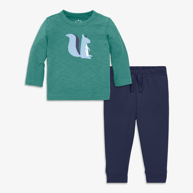 Baby squirrel tee and organic baby pant set