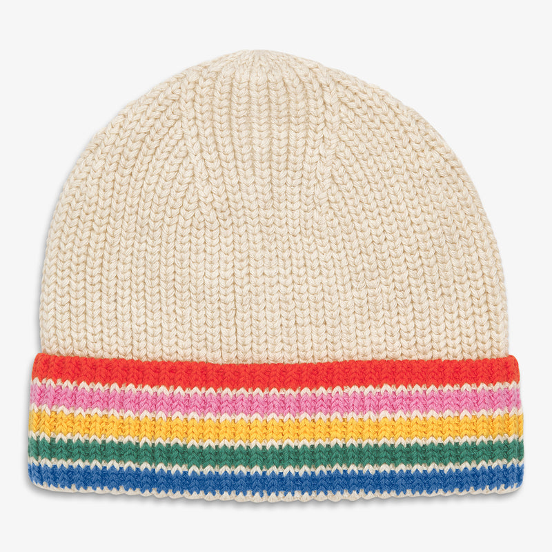 Baby knit beanie in rainbow stripe in heather-sand-rainbow-stripe