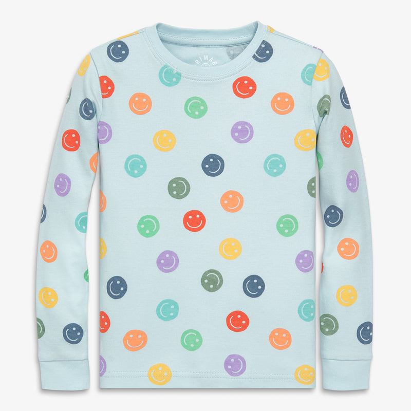 Kids organic long sleeve PJ top in happy faces in saltwater-happy-faces