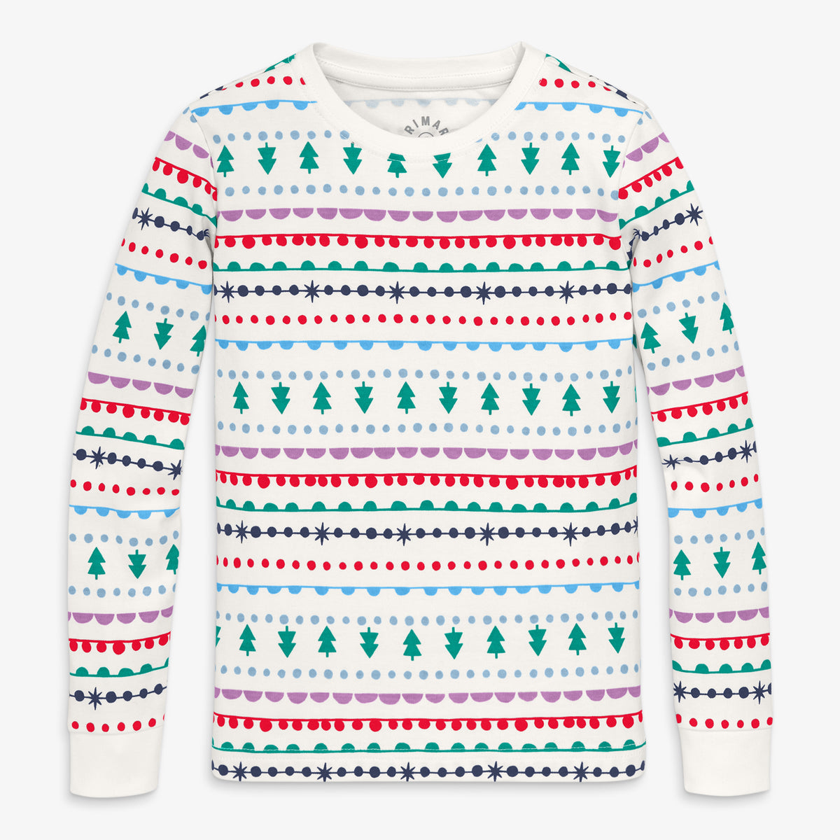 Clearance kids organic long sleeve PJ top in merry ribbons in ivory-mutli-fairisle