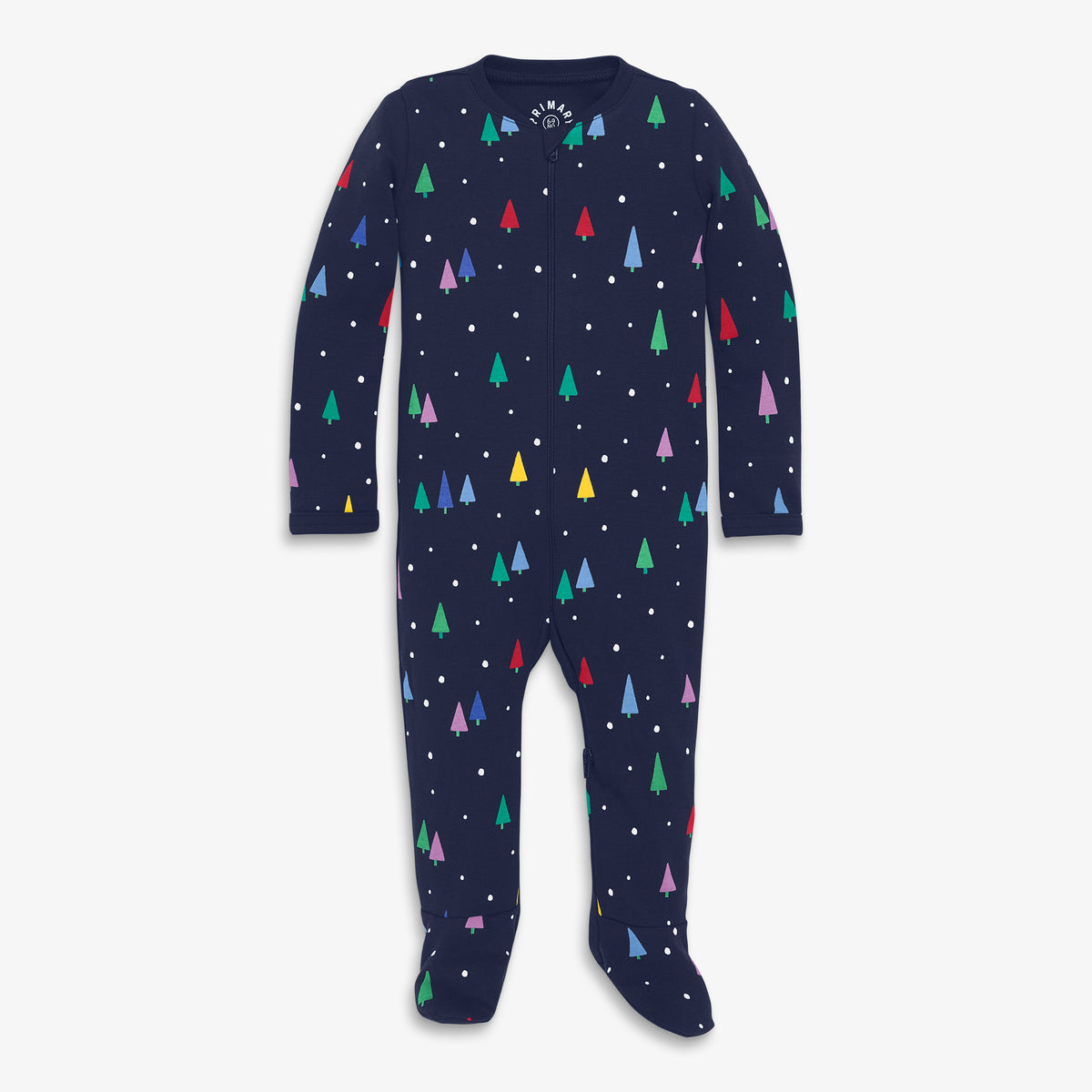 Clearance baby organic zip footie in rainbow forest in navy-rainbow-trees