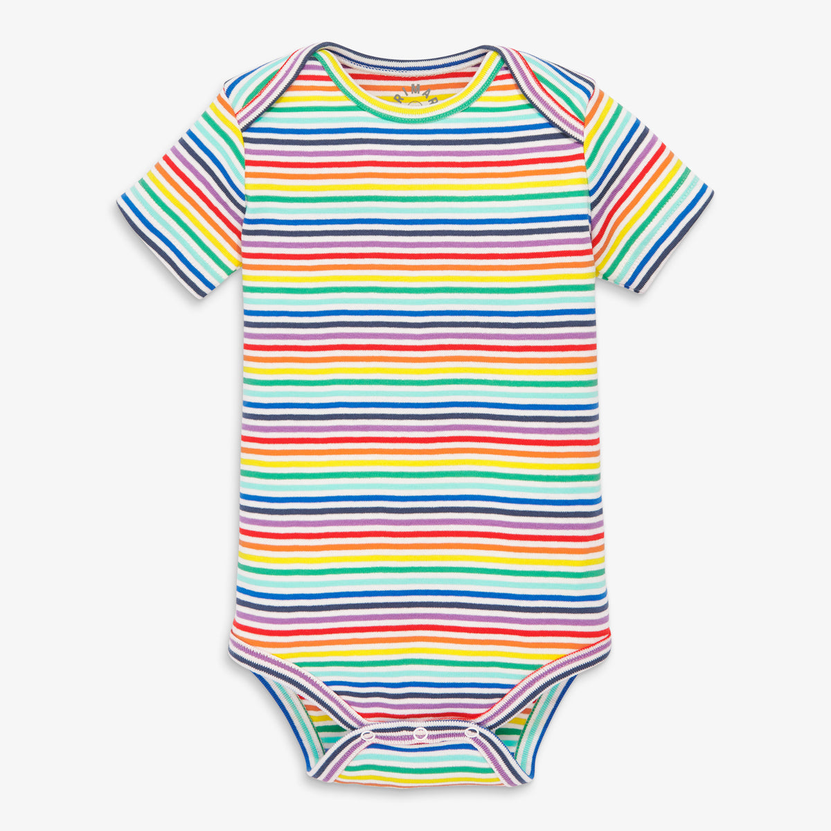 Clearance organic short sleeve babysuit in rainbow mini stripe in ivory-bright-rainbow-stripe