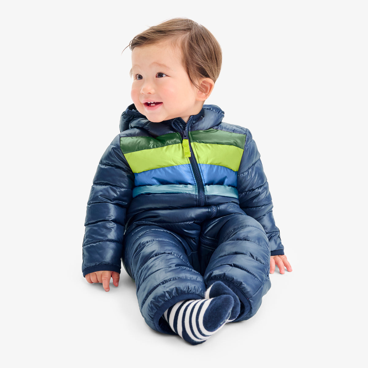 Baby lightweight puffer suit in stripe