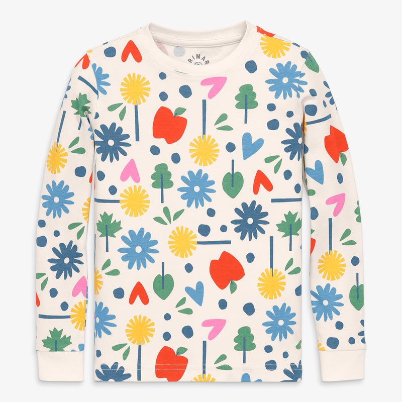 Kids organic long sleeve PJ top in rainbow garden party in oat-fall-garden-party