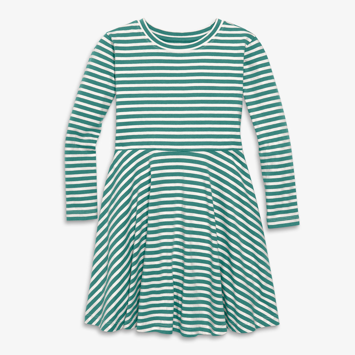 Clearance kids long sleeve twirly dress in mini stripe in ivory-sunwashed-teal-stripe