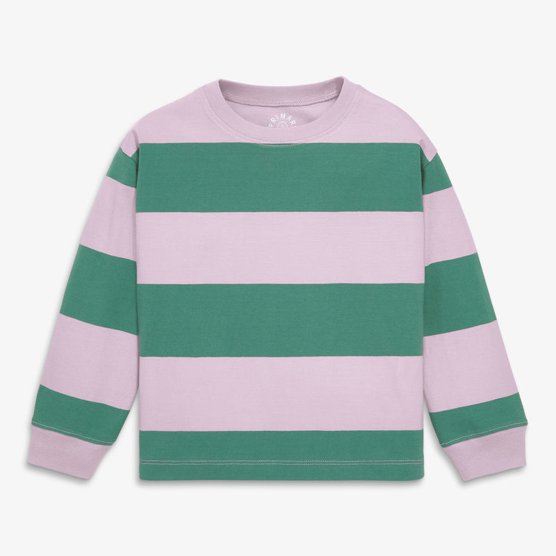 Kids long sleeve easy tee in rugby stripe in hydrangea-sunwashed-teal-stripe
