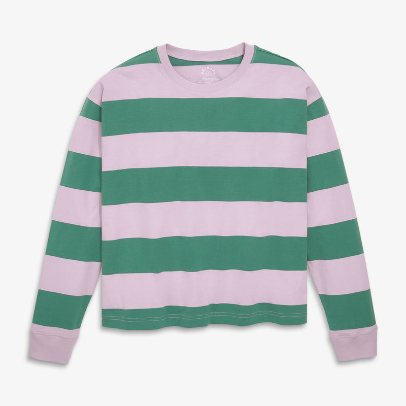 Women's fit long sleeve relaxed tee in rugby stripe in hydrangea-sunwashed-teal-stripe