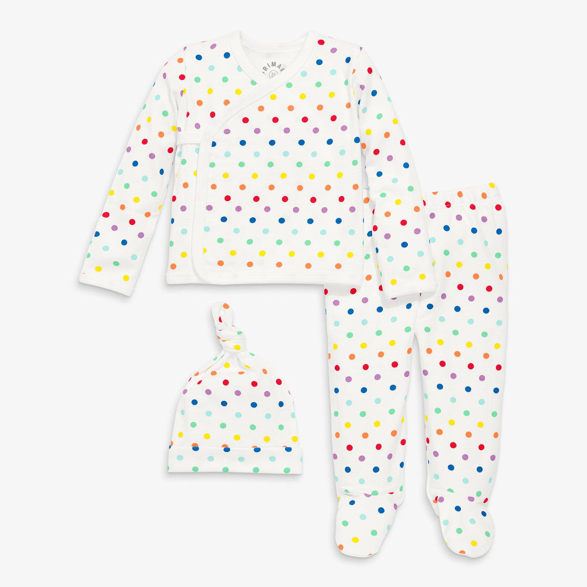Clearance baby three-piece gift set in mini rainbow dot in ivory-rainbow-mini-dot