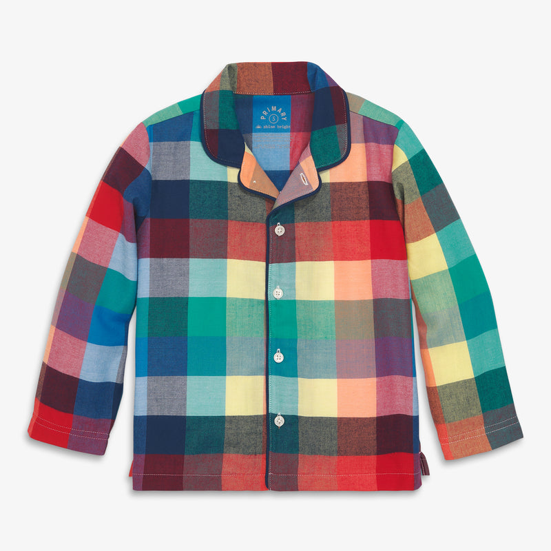 Kids flannel PJ top in rainbow plaid in rainbow-plaid