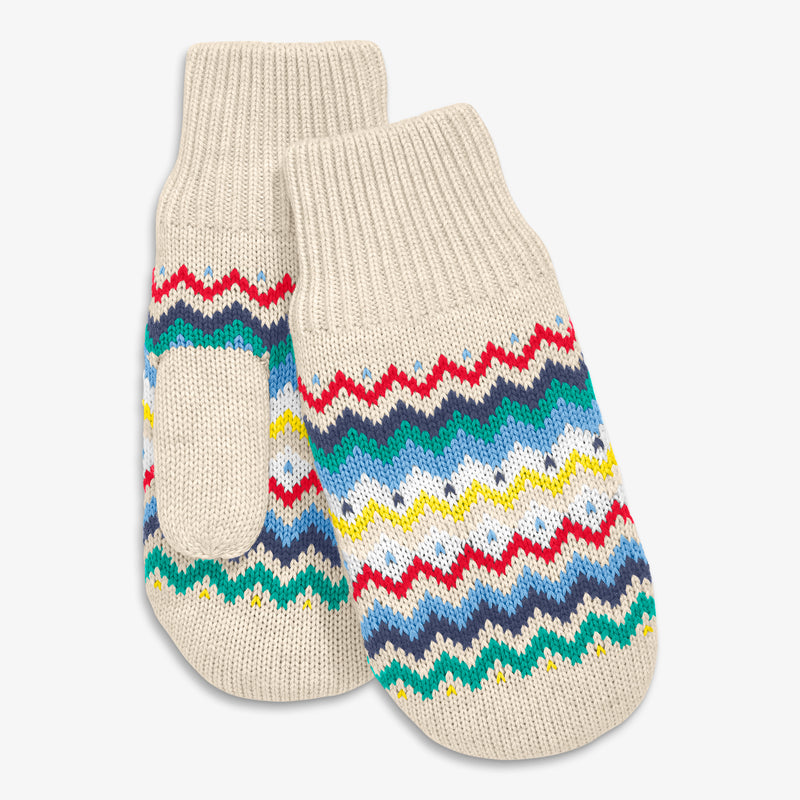 Kids knit mittens in rainbow fair isle
