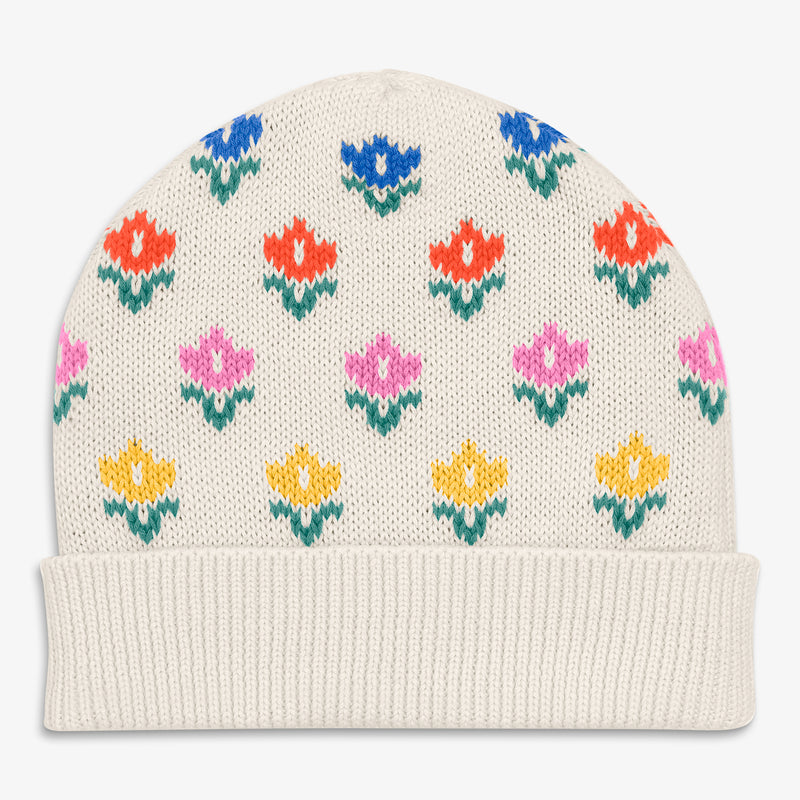 Kids knit beanie in fall florals in oat-rainbow-blooms