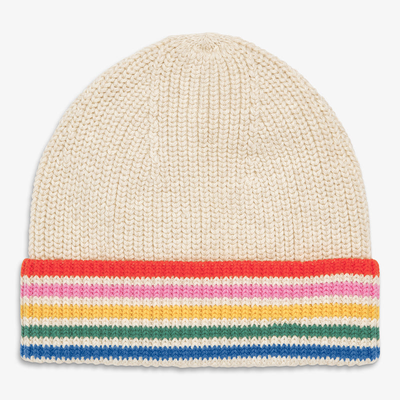 Kids knit beanie in rainbow stripe in heather-sand-rainbow-stripe