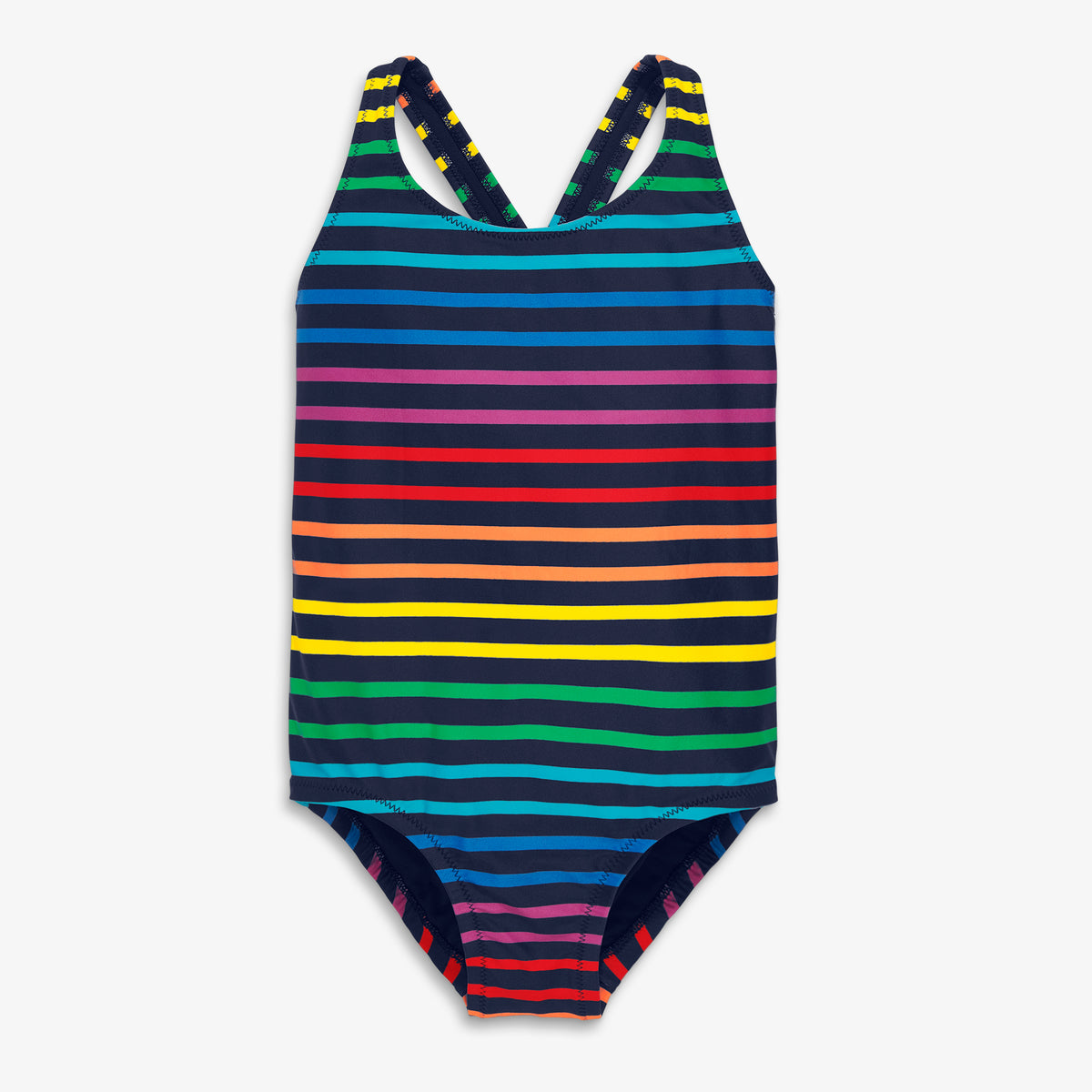 Clearance kids tank swimsuit in double rainbow stripe in navy-bright-rainbow-stripe