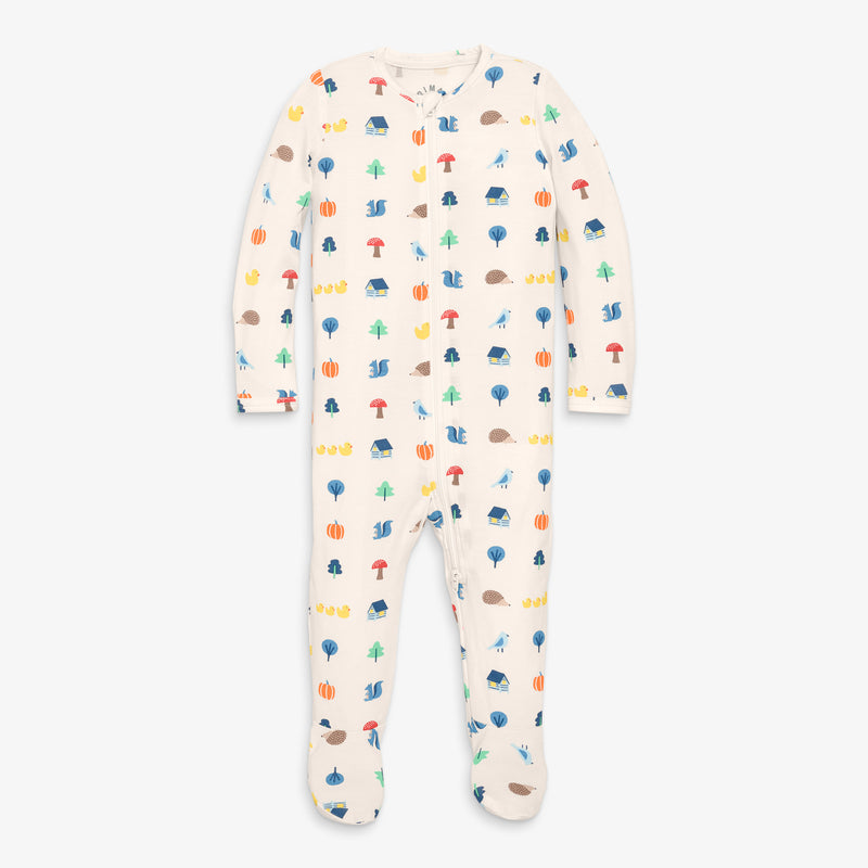 Baby stretch modal zip footie in rainbow forest in oat-rainbow-baby-forest