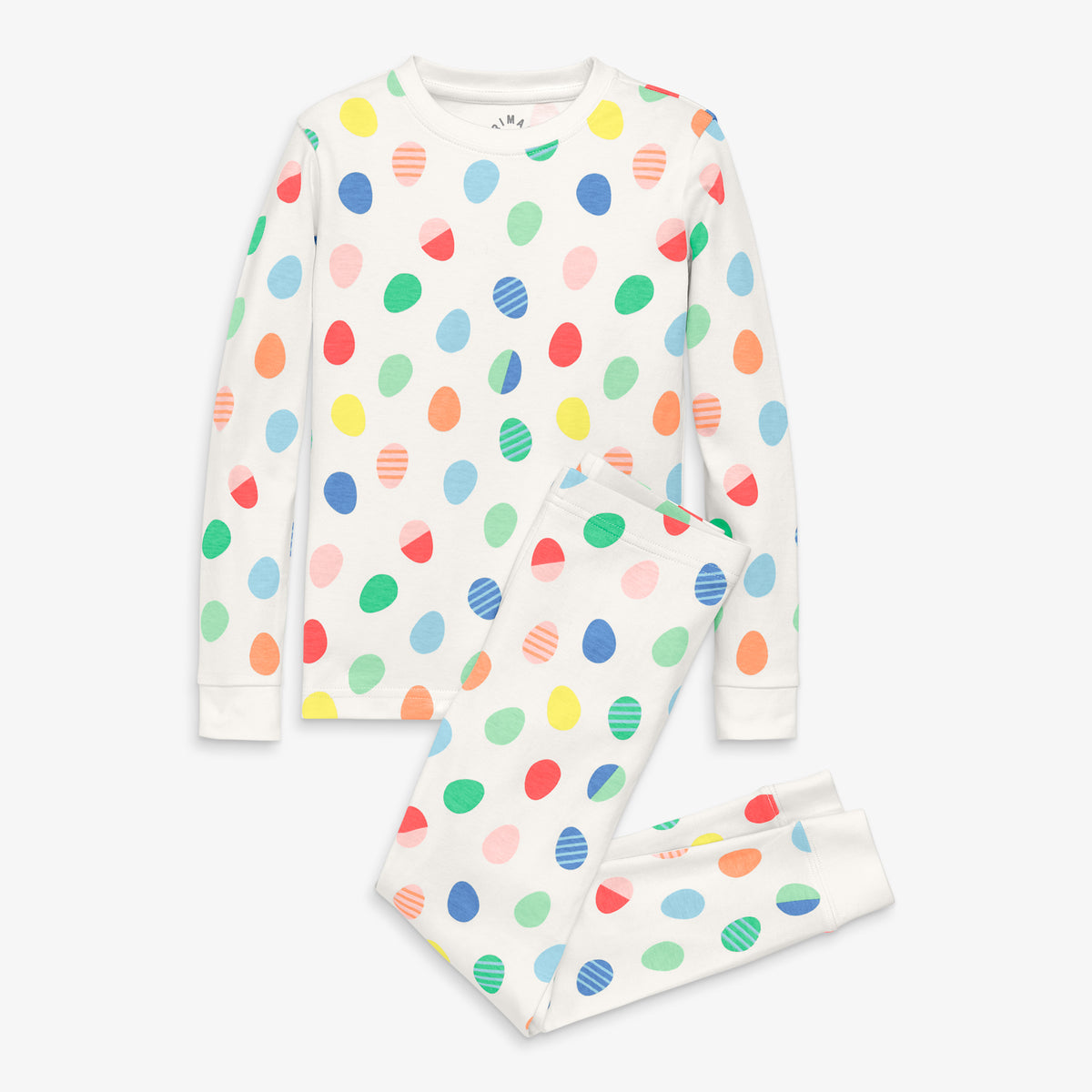 Clearance Kids organic long PJ set in rainbow egg hunt in ivory-rainbow-egg-hunt
