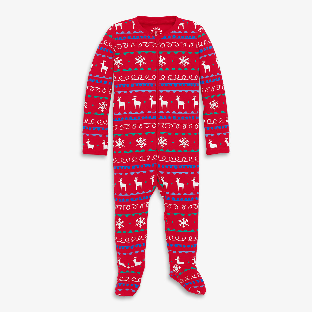 Clearance baby organic zip footie in reindeer fair isle in cherry-reindeer-fairisle