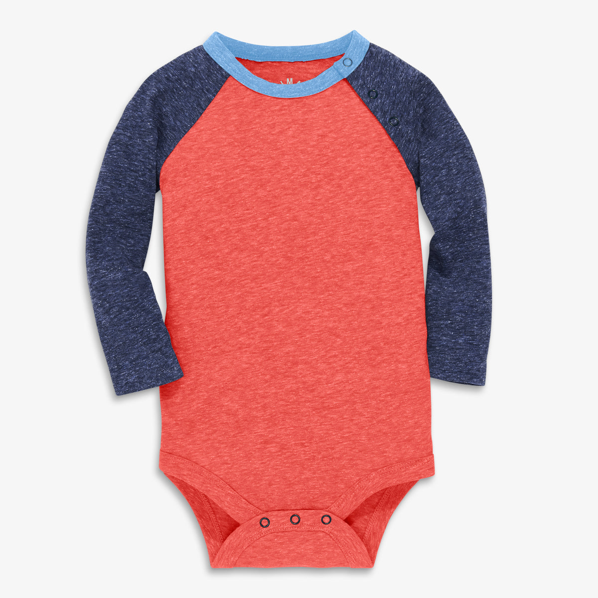 Heathered long sleeve baseball babysuit in strawberry-navy