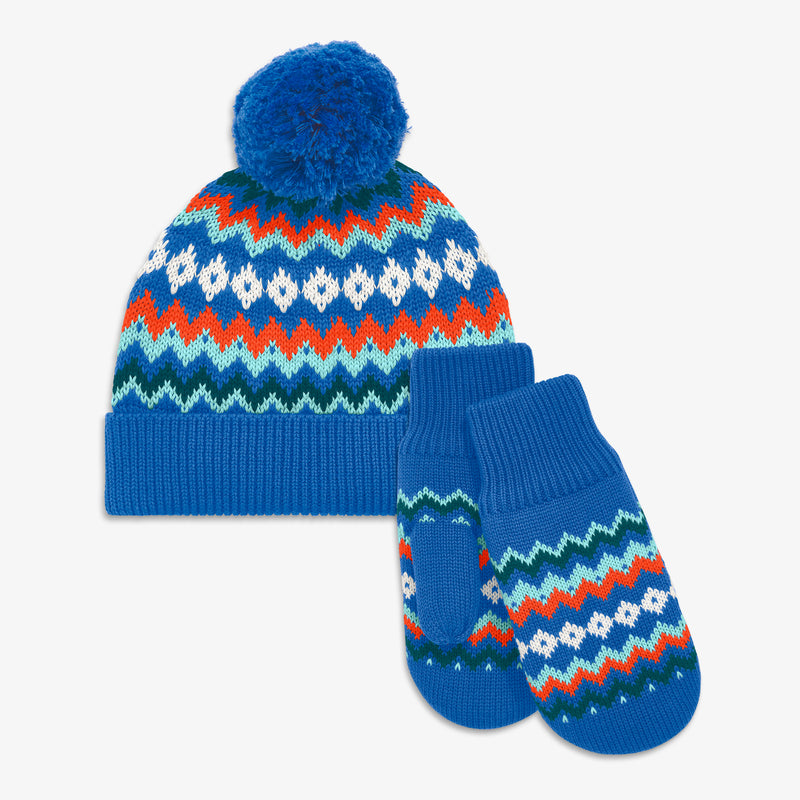 Kids knit beanie & mittens set in fair isle