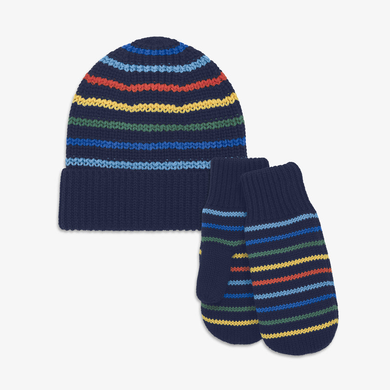 Kids knit beanie & mittens set in multi-stripe