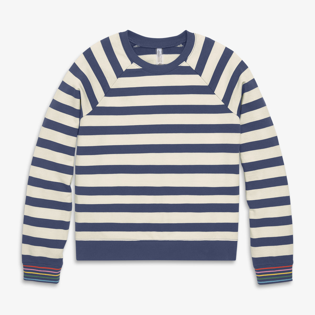 Women's fit 24/7 sweatshirt with rainbow cuff in sunwashed-navy-oat-stripe